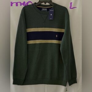 Izod Men's Crewneck Sweater in Green with Navy and Gold Stripe